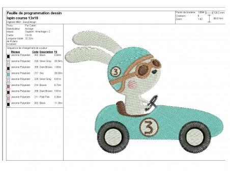 Motif de broderie machine  lapin dans sa voiture de course