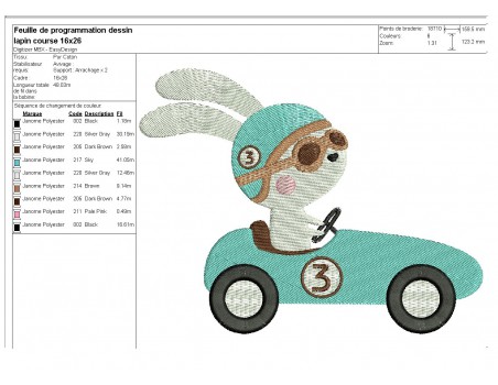 Motif de broderie machine  lapin dans sa voiture de course