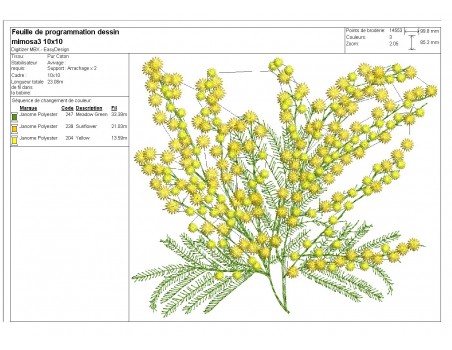 Motif de broderie machine  branche de mimosa