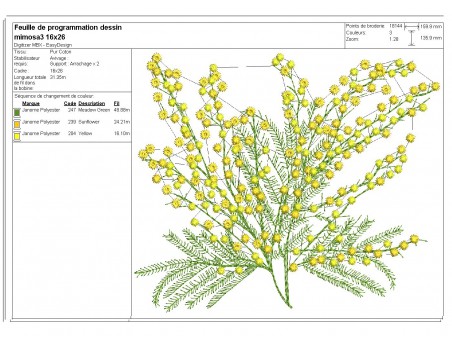 Motif de broderie machine  branche de mimosa