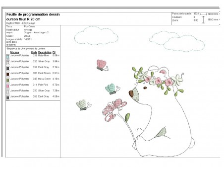 Motif de broderie machine  petit ourson avec sa fleur