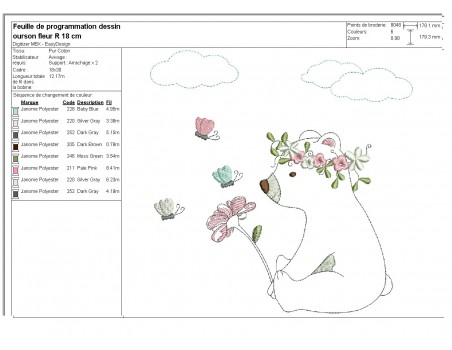 Motif de broderie machine  petit ourson avec sa fleur