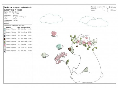 Motif de broderie machine  petit ourson avec sa fleur