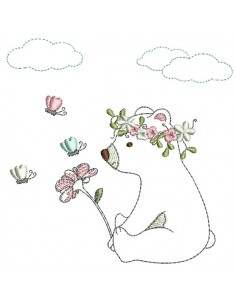 Motif de broderie machine  petit ourson avec sa fleur