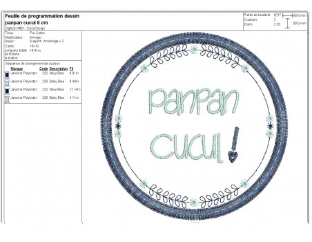 Motif de broderie machine  mots d'enfants panpan cucul