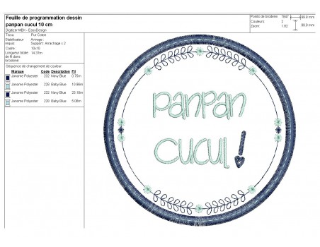 Motif de broderie machine  mots d'enfants panpan cucul