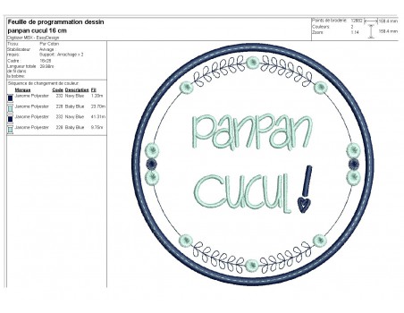 Motif de broderie machine  mots d'enfants panpan cucul