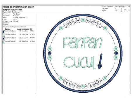 Motif de broderie machine  mots d'enfants panpan cucul