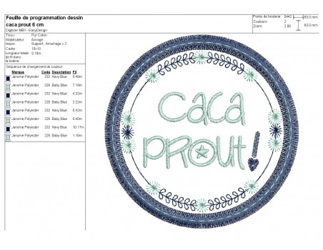 Motif de broderie machine  mots d'enfants caca prout