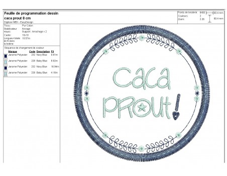 Motif de broderie machine  mots d'enfants caca prout