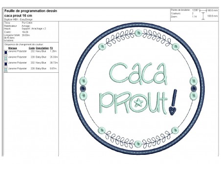 Motif de broderie machine  mots d'enfants caca prout