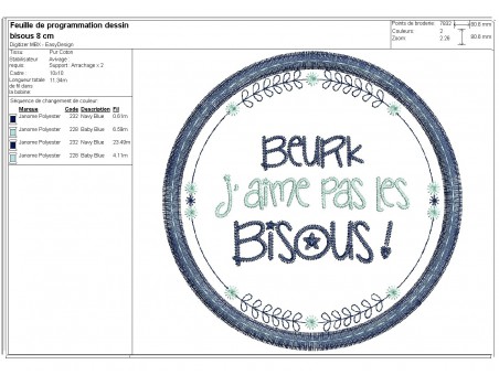 Motif de broderie machine  mots d'enfants j'aime pas les bisous