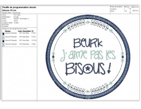 Motif de broderie machine  mots d'enfants j'aime pas les bisous