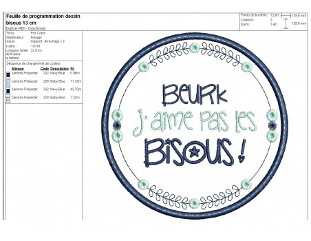 Motif de broderie machine  mots d'enfants j'aime pas les bisous