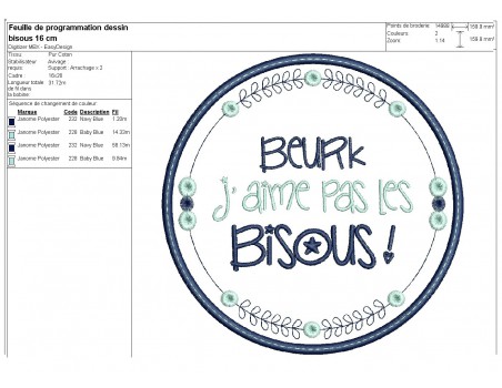 Motif de broderie machine  mots d'enfants j'aime pas les bisous