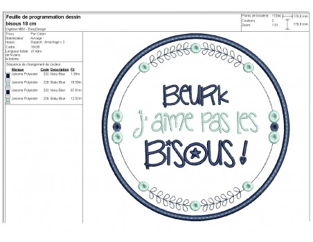 Motif de broderie machine  mots d'enfants j'aime pas les bisous