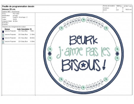 Motif de broderie machine  mots d'enfants j'aime pas les bisous