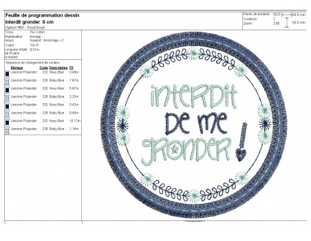 Motif de broderie machine  mots d'enfants interdit de me gronder