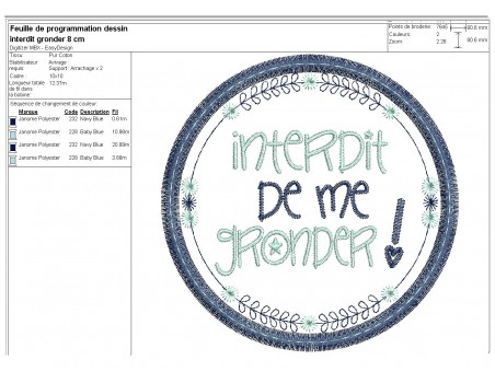 Motif de broderie machine  mots d'enfants interdit de me gronder