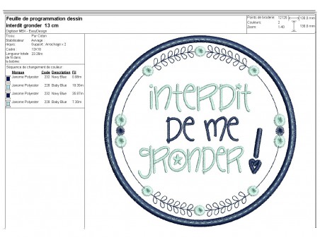 Motif de broderie machine  mots d'enfants interdit de me gronder