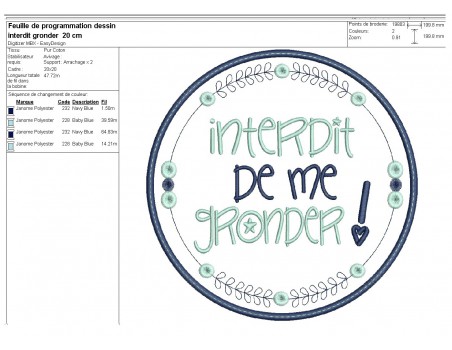 Motif de broderie machine  mots d'enfants interdit de me gronder