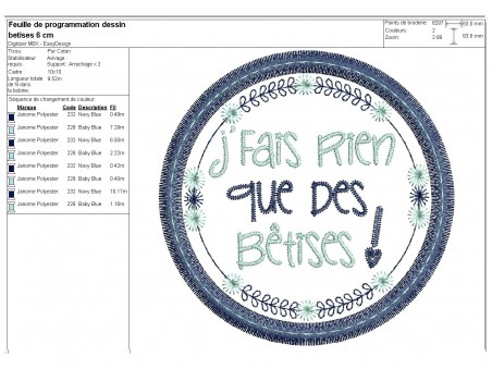 Motif de broderie machine  mots d'enfants j'fais rien que des bêtises