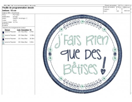 Motif de broderie machine  mots d'enfants j'fais rien que des bêtises