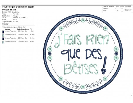 Motif de broderie machine  mots d'enfants j'fais rien que des bêtises