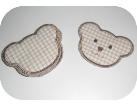 Motif de broderie machine  lingettes tête d'ours  en ITH