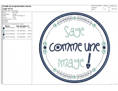 Motif de broderie machine  mots d'enfants sage comme une image