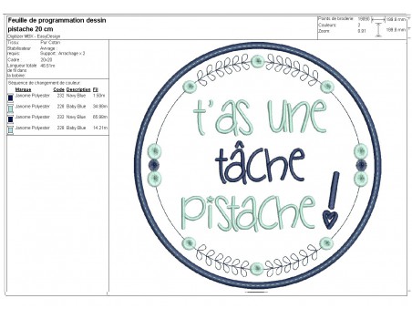 Motif de broderie machine  mots d'enfants t'as une tâche pistache