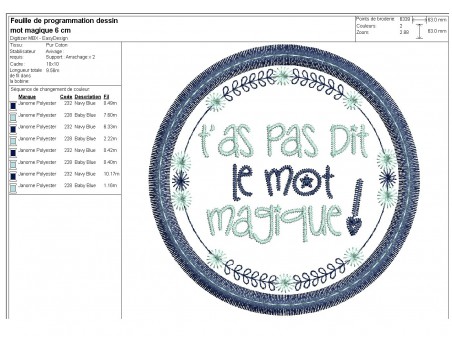 Motif de broderie machine  mots d'enfants t'as pas dit le mot magique