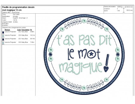 Motif de broderie machine  mots d'enfants t'as pas dit le mot magique