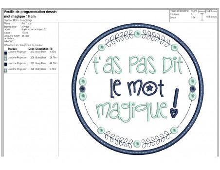 Motif de broderie machine  mots d'enfants t'as pas dit le mot magique