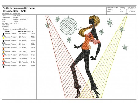 Motif de broderie machine mylar  danseuse disco