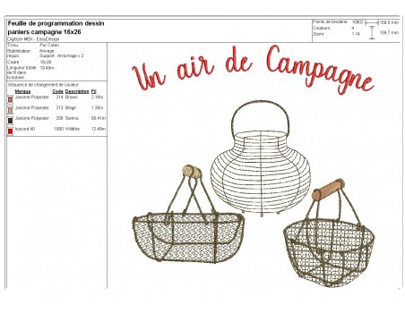 Motif de broderie machine paniers campagnard