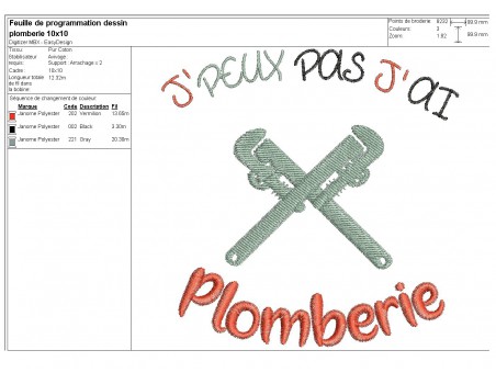 Motif de broderie machine texte humour j'peux pas j' ai plomberie