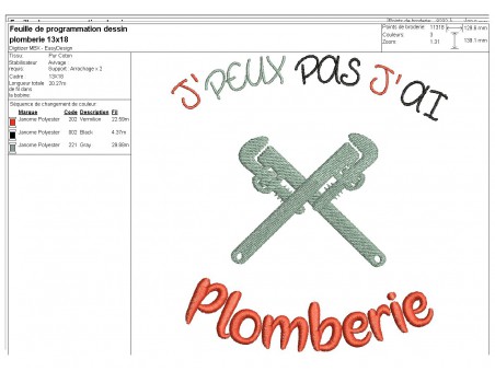 Motif de broderie machine texte humour j'peux pas j' ai plomberie