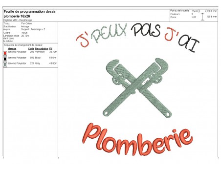 Motif de broderie machine texte humour j'peux pas j' ai plomberie