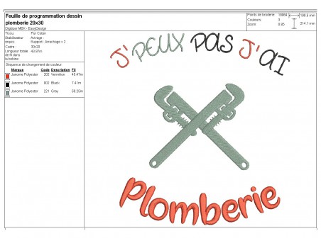 Motif de broderie machine texte humour j'peux pas j' ai plomberie