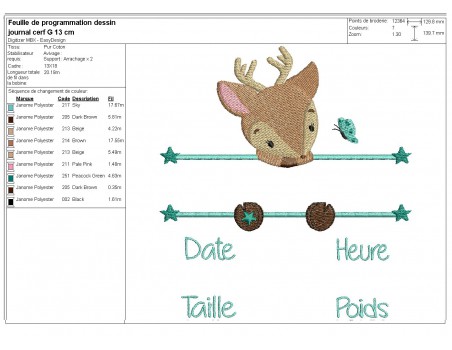 Motif de broderie machine cerf  journal de naissance garçon