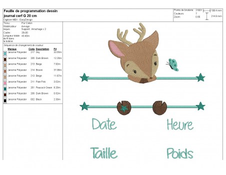 Motif de broderie machine cerf  journal de naissance garçon