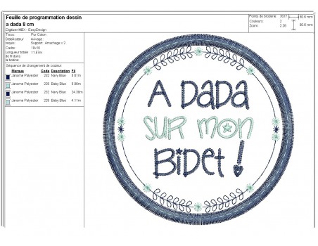 Motif de broderie machine  mots d'enfants A dada sur mon bidet