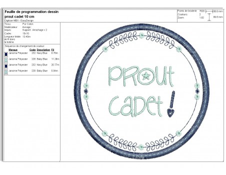 Motif de broderie machine  mots d'enfants Prout cadet