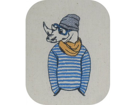 Motif de broderie machine rhinocéros  avec  son bonnet et sa marinière