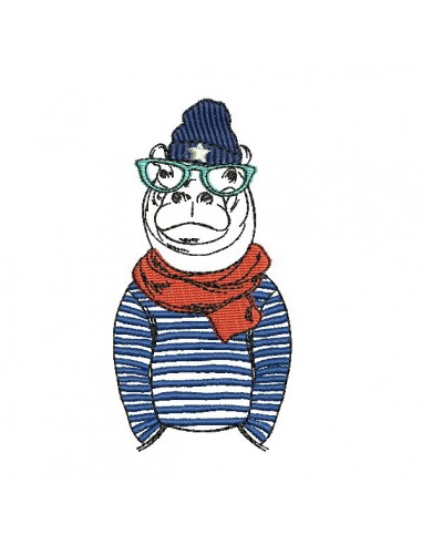 Motif de broderie machine hippopotame  avec  son bonnet et sa marinière