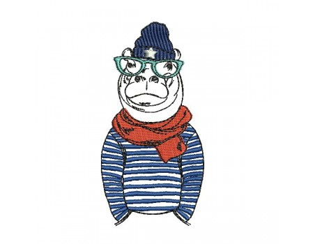 Motif de broderie machine hippopotame  avec  son bonnet et sa marinière