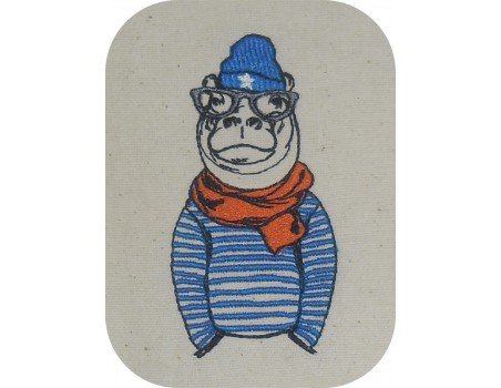 Motif de broderie machine hippopotame  avec  son bonnet et sa marinière