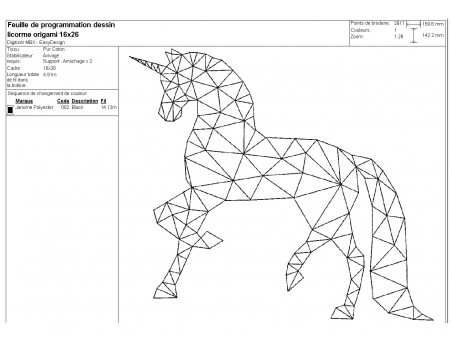 Motif de broderie machine licorne  origami