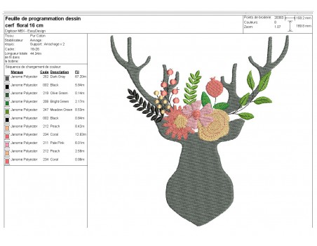 Motif de broderie machine  tête de cerf fleurs